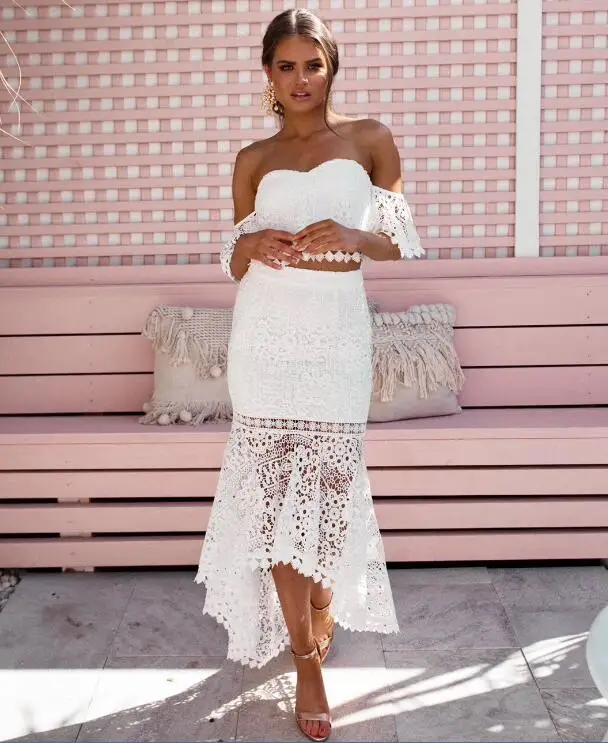 

High Quality White Black Slash Neck Lace 2 Pieces Set Rayon Bandage Dress Evening Party Noble Dress