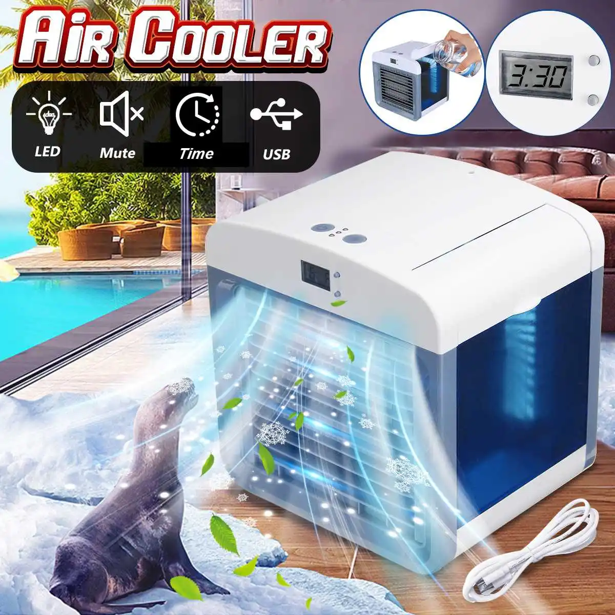 

USB Portable Mini Air Cooler Cool Cooling Fan Purify Humidifier W/ Time Display Low Energy Consumption White 16.5x13.5x16.5cm