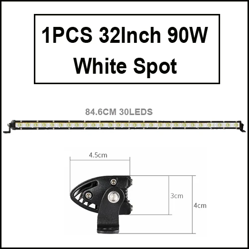 Супер тонкий 18 Вт 36 Вт 54 Вт 72 Вт 90 Вт Однорядный светодиодный светильник-бар для внедорожника грузовика 4X4 Автомобильный чистый Точечный светильник для вождения s 12 в 24 В белый желтый - Цвет: 1pcs 90W White