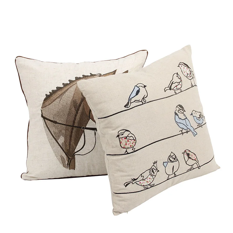 Bird Embroidery Throw Cushions Cover Sofa Cotton Linen Pillow Case