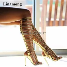 Женские пикантные новые модные сапоги-гладиаторы до колена с перекрестными ремешками золотистого и черного цвета высокие сапоги с вырезами и завязками на высоком каблуке модельные туфли