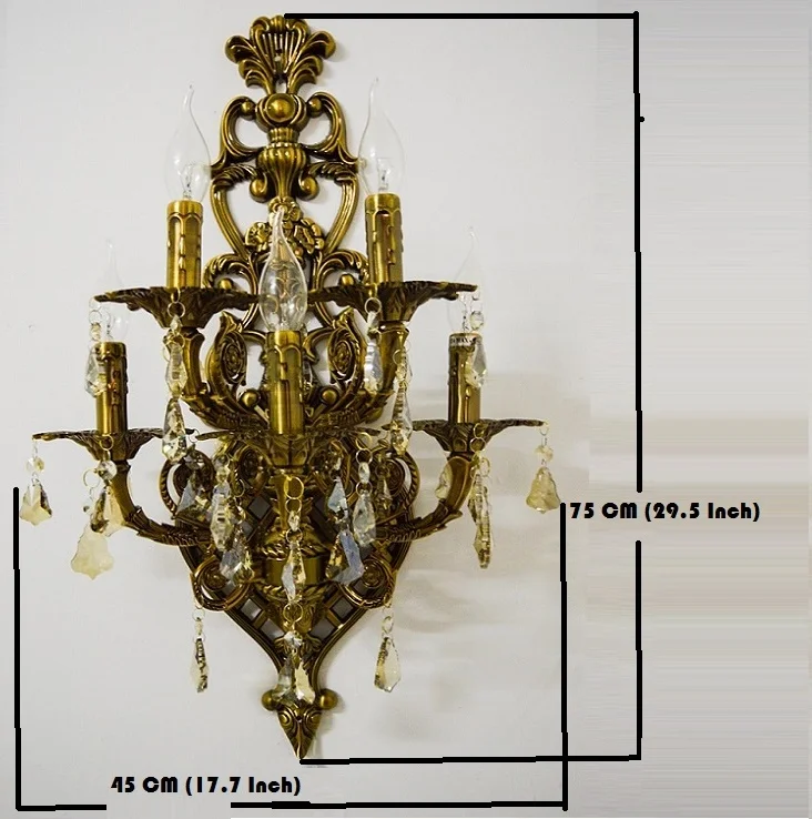 Большой 5 ламп Античный желтый бронзовый настенное бра лампа светильник для Спальня гостиная кристалл кронштейн настенный светильник
