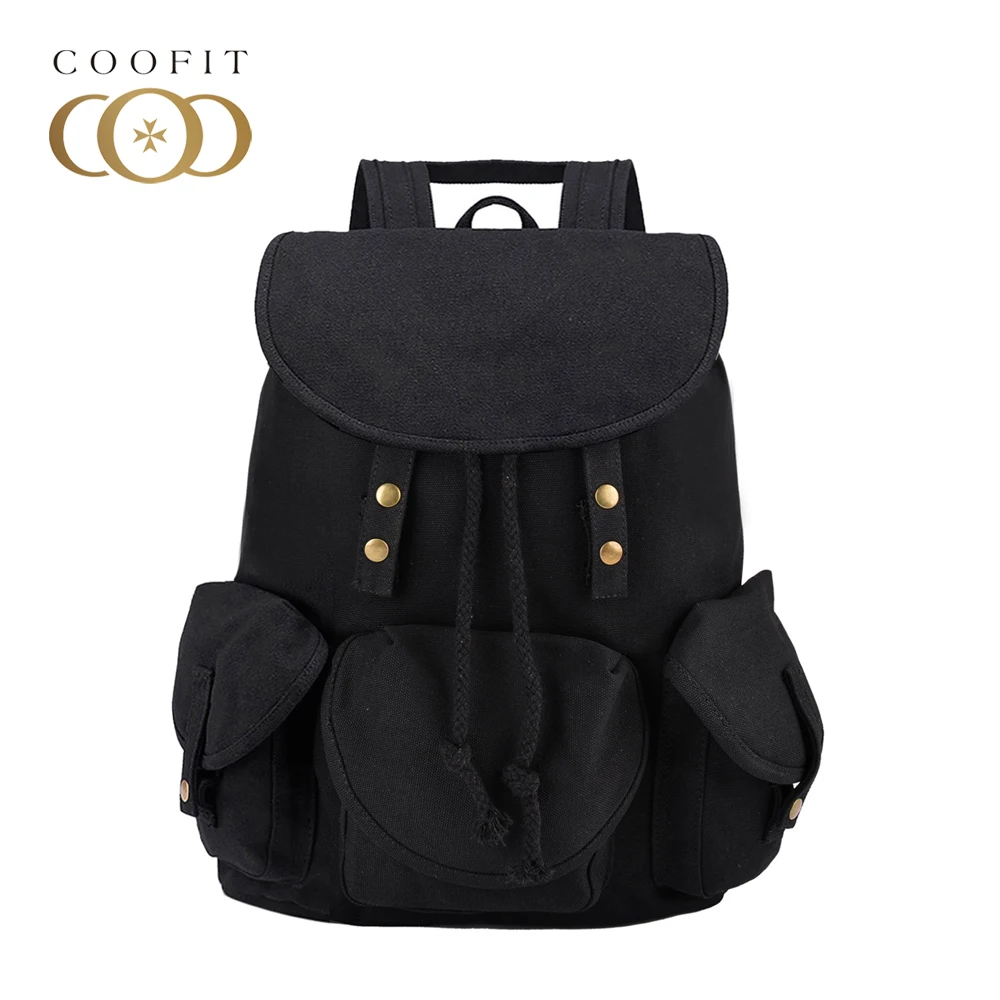 Casual Simple Black Canvas Backpack For Lady Girls Fashion Rivet