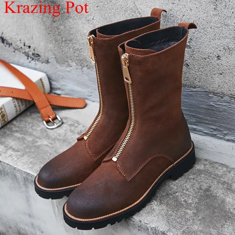 

2018 new genuine leather big size square heel mid-calf boots zipper motorcycle boots elegant retro keep warm winter shoes L04