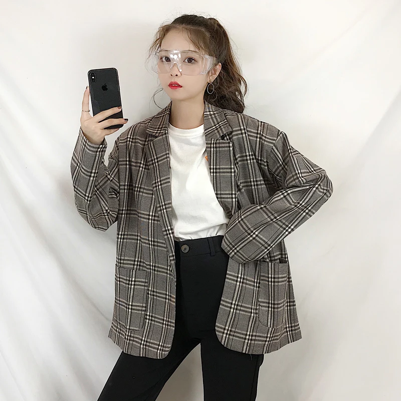 Mihoshop Ulzzang Корейская женская модная одежда новое клетчатое винтажное Свободное