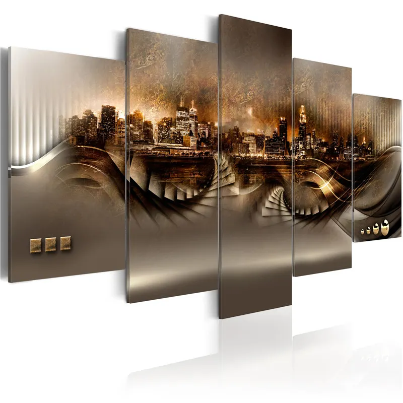 

5 Panel Night View Wall Art Poster City Construction Scenery Canvas Painting Landscape Modular Pictures for Living Room Decor