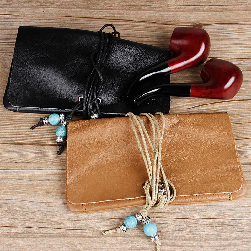 Tie Rope Cowhide Leather Tobacco Pouch Mezzanine Bag Volume Pipe