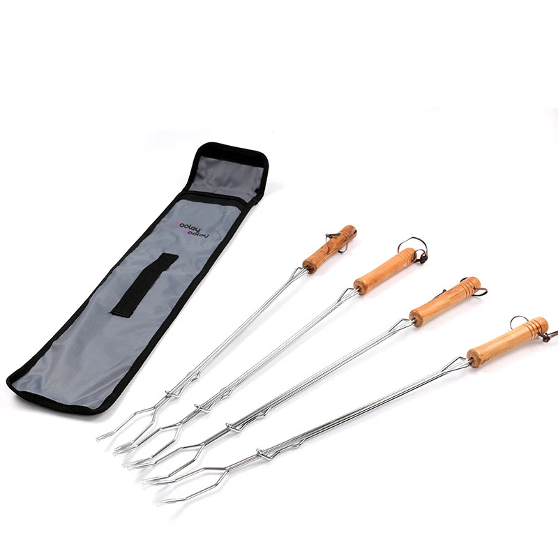 

4 pcs/set Camping BBQ Forks Stainless Steel Adjust Barbecue Fork Sticks Needle Skewers With Wooden Handle
