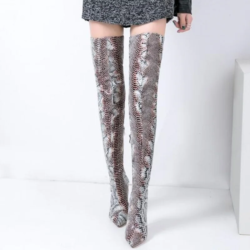 

Grey Snakeskin Women Thigh Boots Pointed Toe Side Zip Over The Knee Boots Sexy Ladies Thin Heel 12cm Shoes Latest Catwalk Shoes