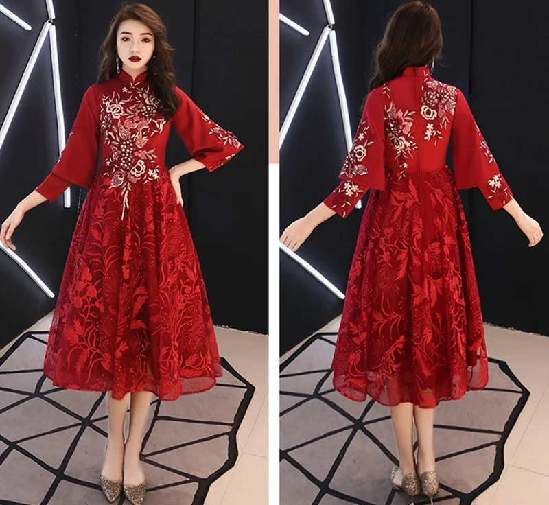 Платье подружки невесты красный китайский стиль банкет Vestido кружевной халат с рукавами Soiree вышивка традиционное китайское свадебное платье TS965