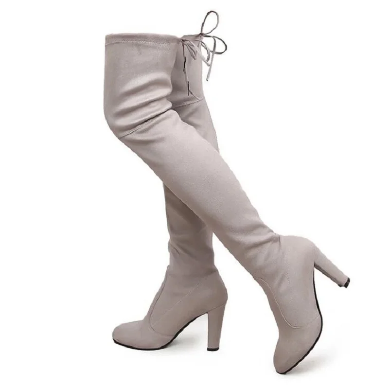 

Sexy Slip-Resistant Elastic Knee-Length Boots Fashion Chunky Heels Over The Knee Boots Pointed Toe Plus Size Female Shoes