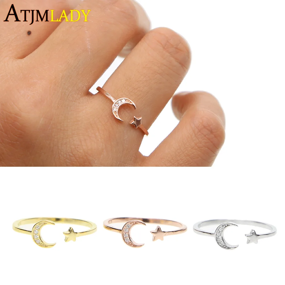 

2018 Promotion Time-limited Geometric Anillos Authentic 925 Sterling Crescent & Star Mom Cz Open Finger Ring For Women Jewelry