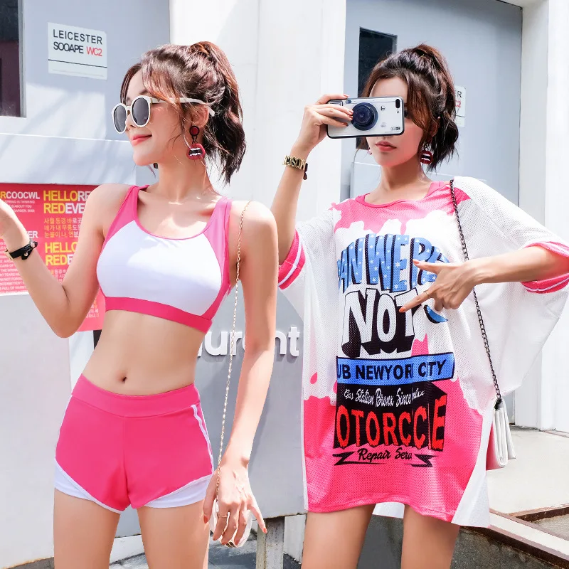 

2019 Korean Style Cute Women Swimwear Two Pieces+Cover-Up Dresses Swimming Sets Female Beach Bathing Suits EO