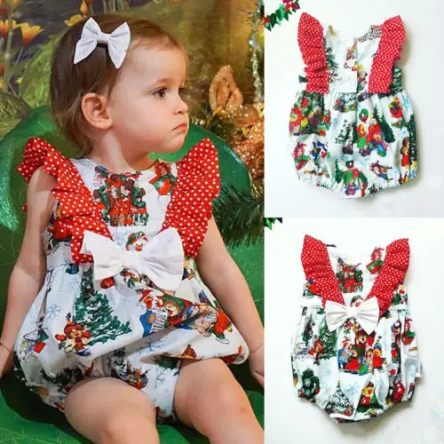 

New Merry Christmas Floral Sleeveless Romper Infant Kid Baby Girl Bowknot Romper Jumpsuit Clothes Children Toddler Xmas Costumes