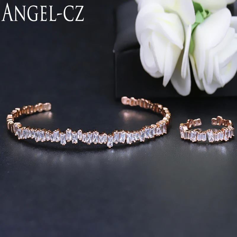 

ANGELCZ Geometric Clear Crystal Rose Gold Color Simple Jewelry Sets Cute Ladies Resizeable Cubic Zirconia Ring And Bangle AJ084