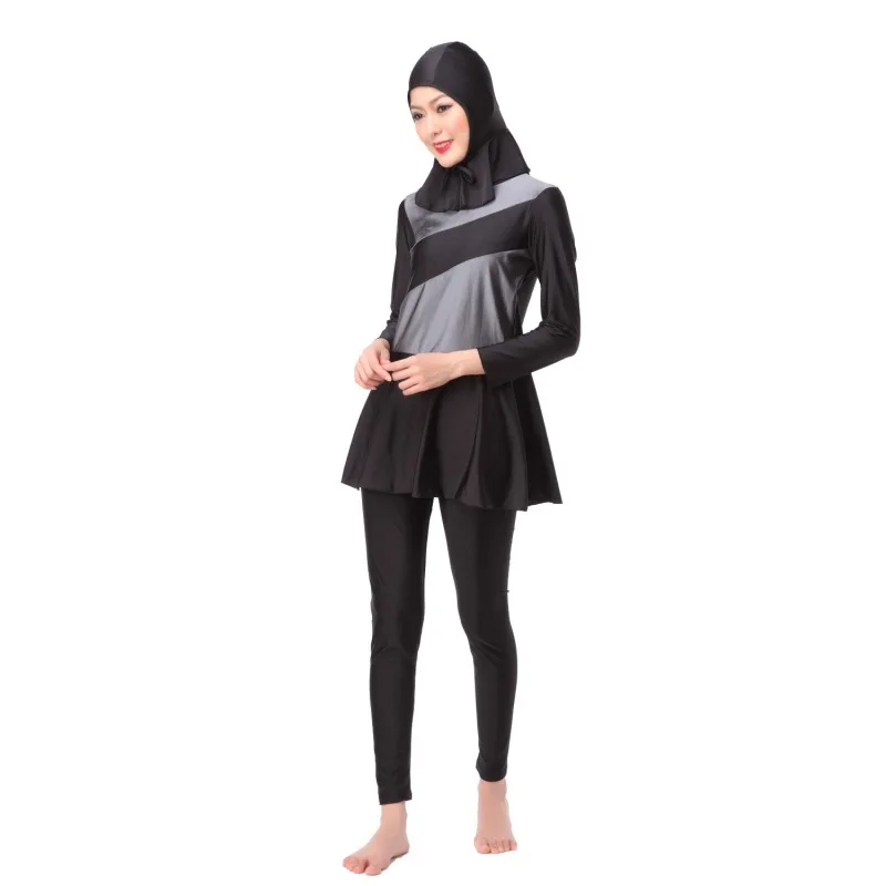 Мусульманская женская полный охват скромные мусульманские купальники исламическое плавание костюм мусульманский хиджаб купальники для плавания - Цвет: Серый