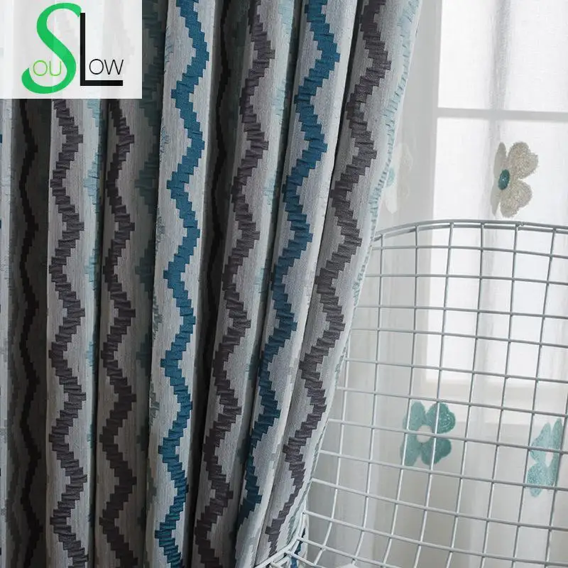 

Slow Soul Vertical Wave Modern Simple Cotton Hemp Curtain Blue Jacquard Curtains For Living Room Bedroom Kitchen Cortinas