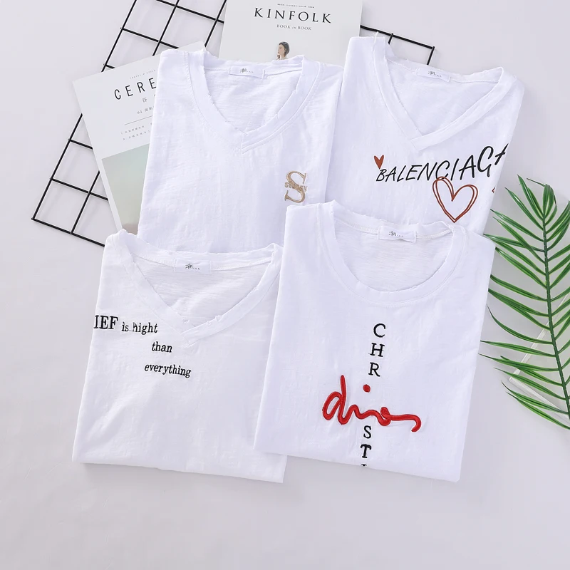 

V-neck T-shirt Women Tops Short Sleeve Print T Shirt 2019 Casual Loose Solid Tshirt Fashion Cotton Female Summer Tee Shirt Femme