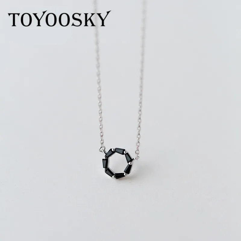 

TOYOOSKY 925 Sterling Silver Black Cubic Zirconia Round Necklace Women Simple Temperament Circles Geometric Short Clavicle Chain