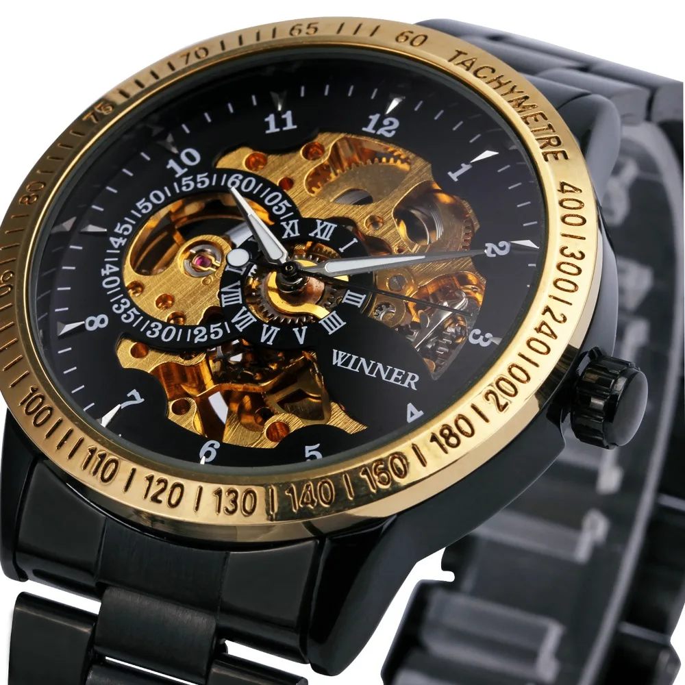 2016 font b WINNER b font Men Automatic Mechanical Watch Stainless Steel Watchband Men Wristwatch Golden