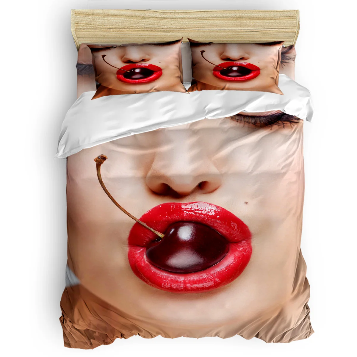 

Woman's Red Lips With Cherry Abraham Birthday Quilt Cover Bedding Machine Washable Duvet Cover Sets Comforter Sets