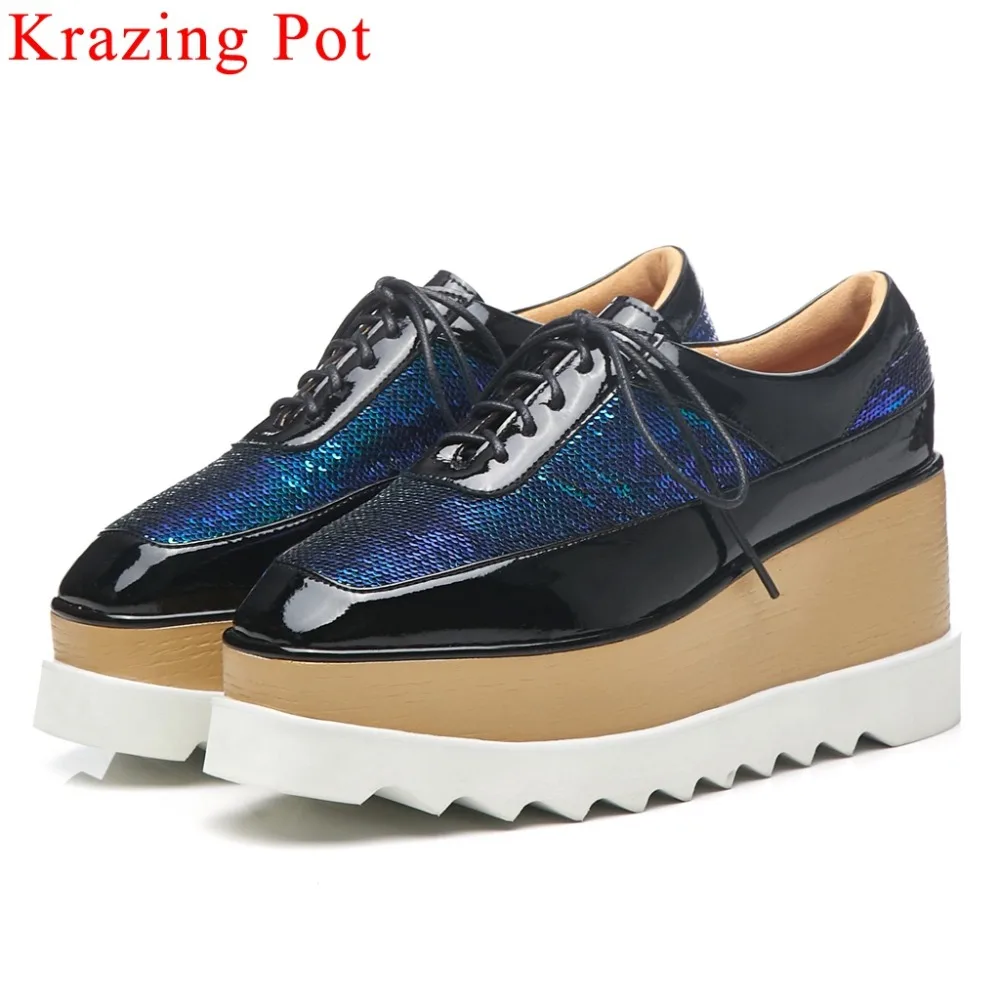 

Krazing Pot European increased shoes wedges high bottom waterproof lace up flash sequined Punk style square toe women pumps L71