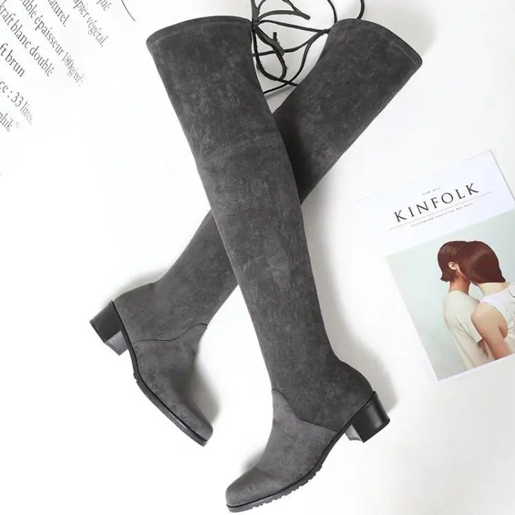 

Fashion Orange Black Grey Suede Sewing Upper Winter Boots Women Over The Knee Round Toe Chunky Heel Ladies Booties Slip On Shoes