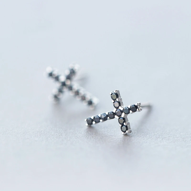 MloveAcc 925 Твердые Настоящее Стерлинговое Серебро крест черный CZ серьги гвоздики для женщин девочек мода хорошее ювелирное изделие