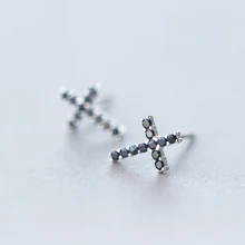 MloveAcc 925 Твердые Настоящее Стерлинговое Серебро крест черный CZ серьги гвоздики для женщин девочек мода хорошее ювелирное изделие