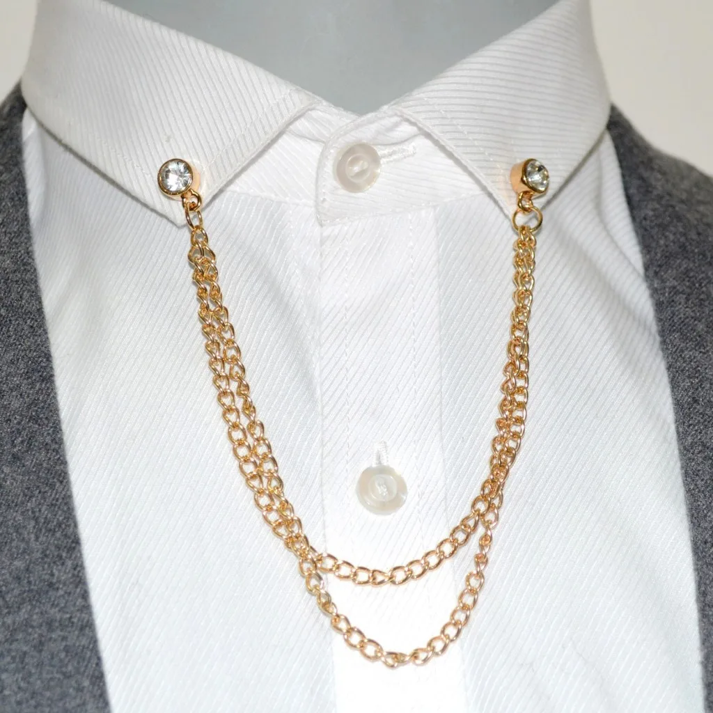 

Korean Pearl Crystal Rhinestone Brooches Pins Gold Metal Chain Tassel Shirt Collar Lapel Pin Brooch Fashion Men Women Jewelry