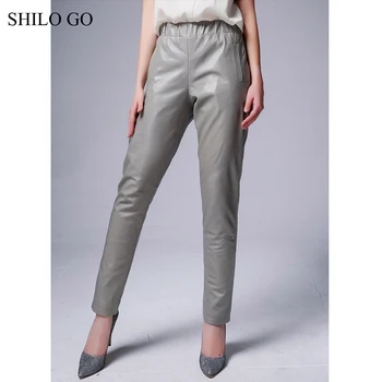 

SHILO GO Leather Pants Autumn Fashion sheepskin genuine leather Pants elastic high waist concise side pocket black grey pants