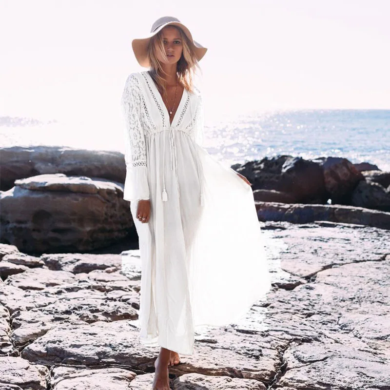 Ordifree Бохо длинная туника пляжное платье Летний белый кружевной сарафан пляжная одежда с поясом с длинным рукавом сексуальное Макси платье