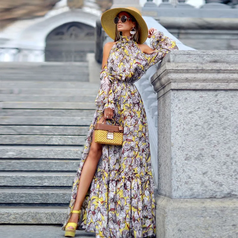 

Summer Print Women's Long Split Dress Off Shoulder Stand Neck Sexy Boho Dresses Ruffles Side Vacation Casual Beach Split Dress
