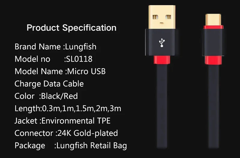 Lungfish Micro USB кабель 2,0 зарядное устройство и синхронизация 2 в 1 плоский дизайн 0,3 м 1 м 1,5 м 2 м 3 м для телефонов Android для Lenove/MP3