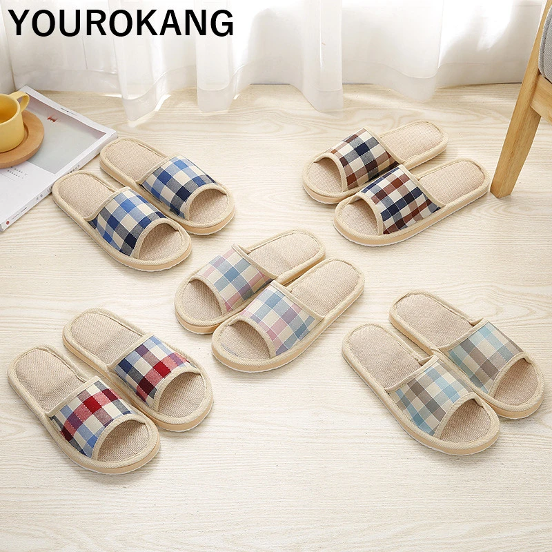 Men Home Slippers Plaid Flax Couple Flip Flops Indoor Floor Linen Slippers EVA Lightweight Four Seasons Lovers Household Shoes