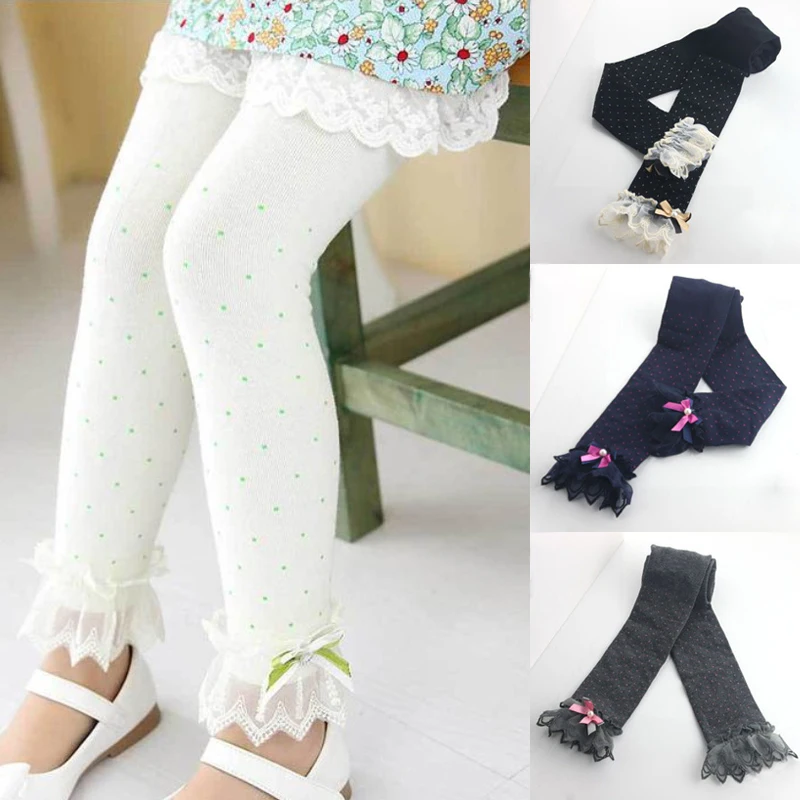 

Spring Korean Style Kid's Clothes Girls Solid Lace Bow Baby Kids Flower Bowknot Child Legging Trousers Lace Girls Pants 7H0930