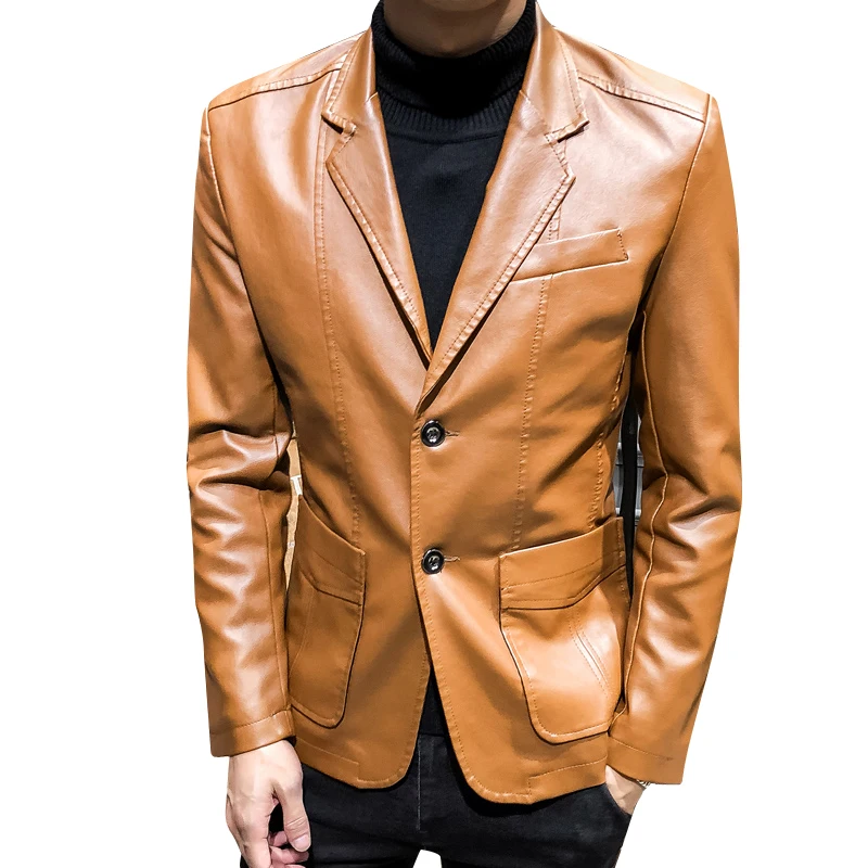 Кожаная куртка мужская модная популярная осенняя и зимняя новая мужская Тонкая куртка с отворотом из искусственной кожи маленький костюм мужская кожаная куртка с отворотом - Цвет: Хаки