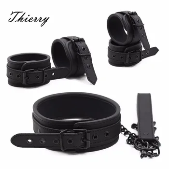 Thierry PU Leather SM Products Wrist Cuffs & Ankle Cuffs & Neck Collar Set, BDSM Bondage Sex Toys, Hancuffs Cosplay Accessories 1