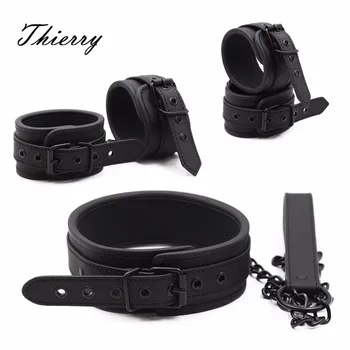 Thierry PU Leather SM products Wrist Cuffs Ankle Cuffs Neck Collar Set BDSM Bondage sex