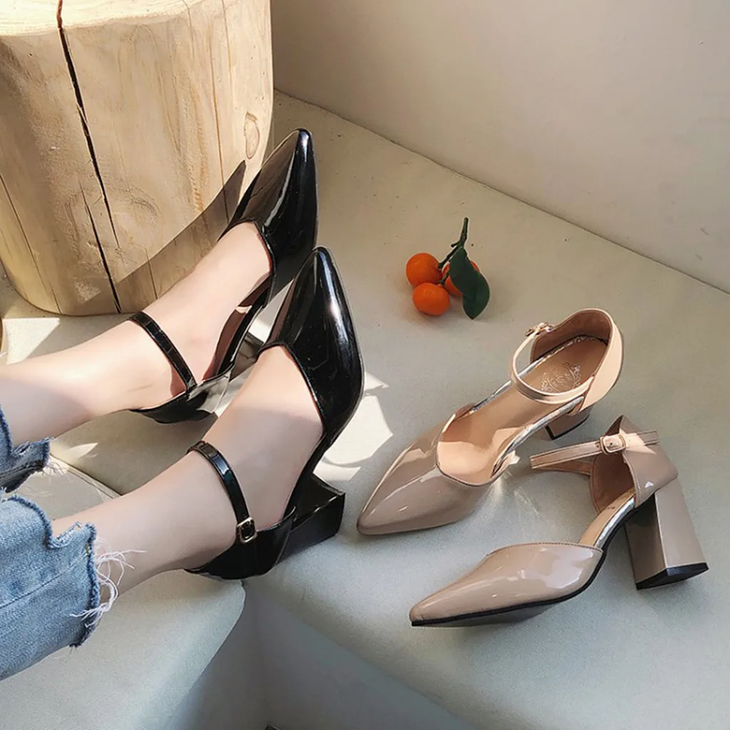 

Women's sandals Lady Prom Party Shoes Pointed Toe Buckle Strap Sandal Solid Color Square Heel Footwear Shallow Pumps sandalias