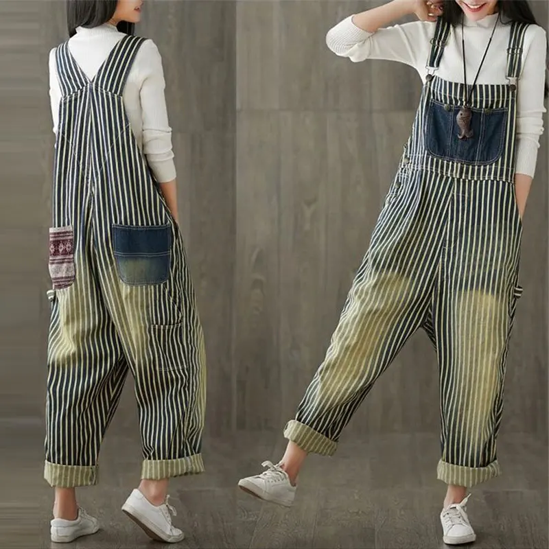 Vintage yellow Весна Modis полосатый джинсовые комбинезоны для женщин свободные брюки большого размера Ретро-комбинезон прилив брюки для девочек дамы Джинс - Цвет: Vintage yellow