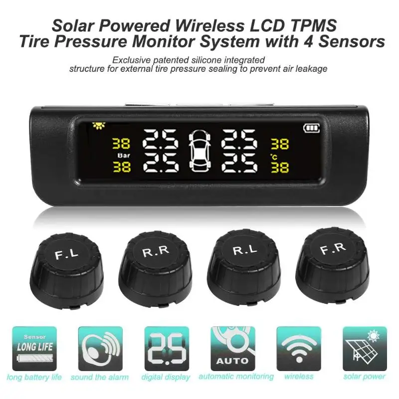 

VODOOL USB+Solar Charging Car Tire Pressure Monitor LCD Car TPMS Tire Pressure Monitor System with 4 Sensors Accessories