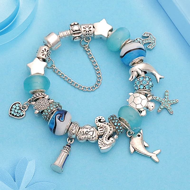 Dolphin Charm Bracelets Women Jewelry Gift Blue Murano Crystal Glass Diy Bead