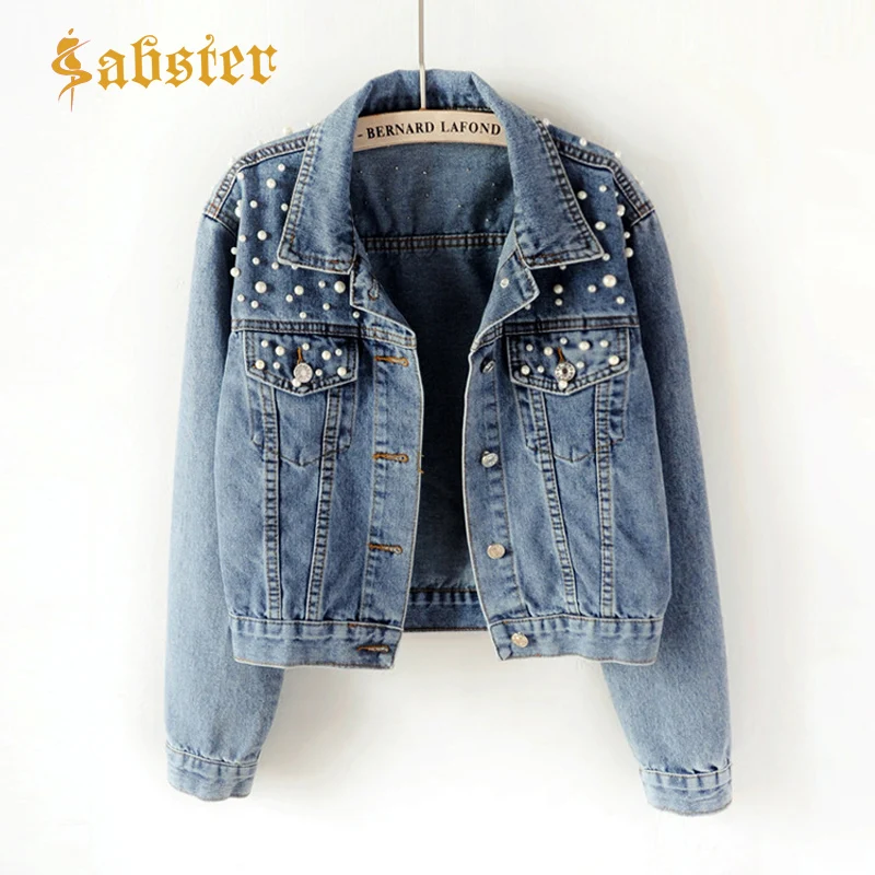 

Autumn Beading Long Sleeve Jean Spring Coat Women Loose Clothes Fashion Denim Jacket Outerwear Womens kz218