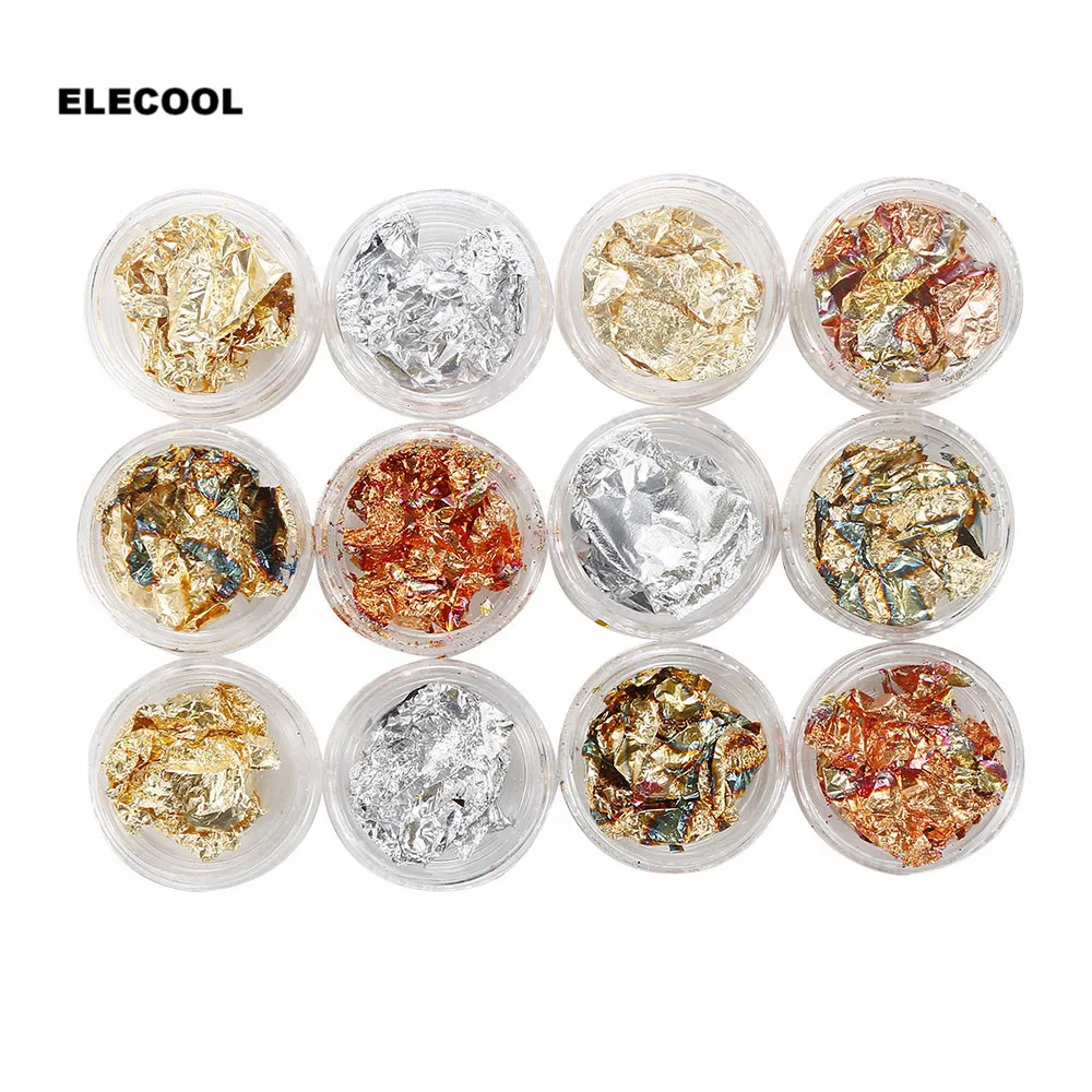 

ELECOOL 12 Pot/set DIY Nail Art Tips Nail Art Gold Silver Polish Glitter Foil 3D DIY Nail Art Tips Decoration for Women Lady