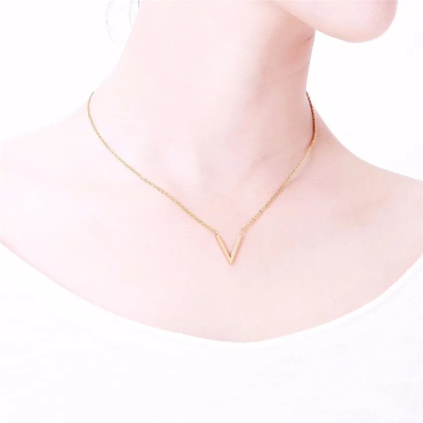 

Gold Silver Color Triangle V Necklaces Pendants Stainless Steel Chain Letter Long Statement Necklace Women Point Jewelry Collier