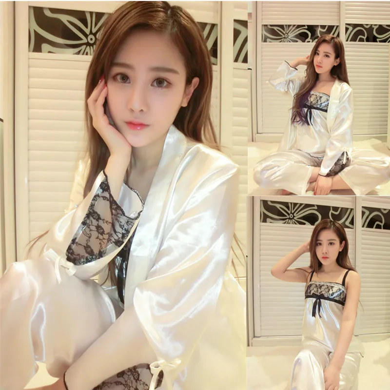 

Women Lace Sleeping Clothes 4 Seasons Fashion Hot Sexy Sets V-Neck Ice Silk Sleepwear Women's Pajamas Spaghetti Strap with Coat