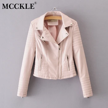 

MCCKLE Autumn Women's Faux Leather Zippers Short Jackets Woman Turn Down Collar Motorcycle Outwear 2018 New Fashion Female Coat