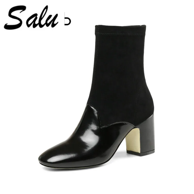 

Salu 2018 new Genuine leather Real Leather High Heels Ankle Boots Women Sexy Pointed Toe Botas Winter Warm Plush Boots