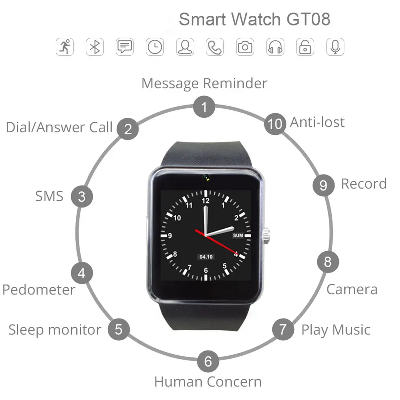 Smart Watch for iWatch iPhone Android SmartWatch Support Sim TF Card Touch Screen Passometer Fitness Tracker Message Remind GT08